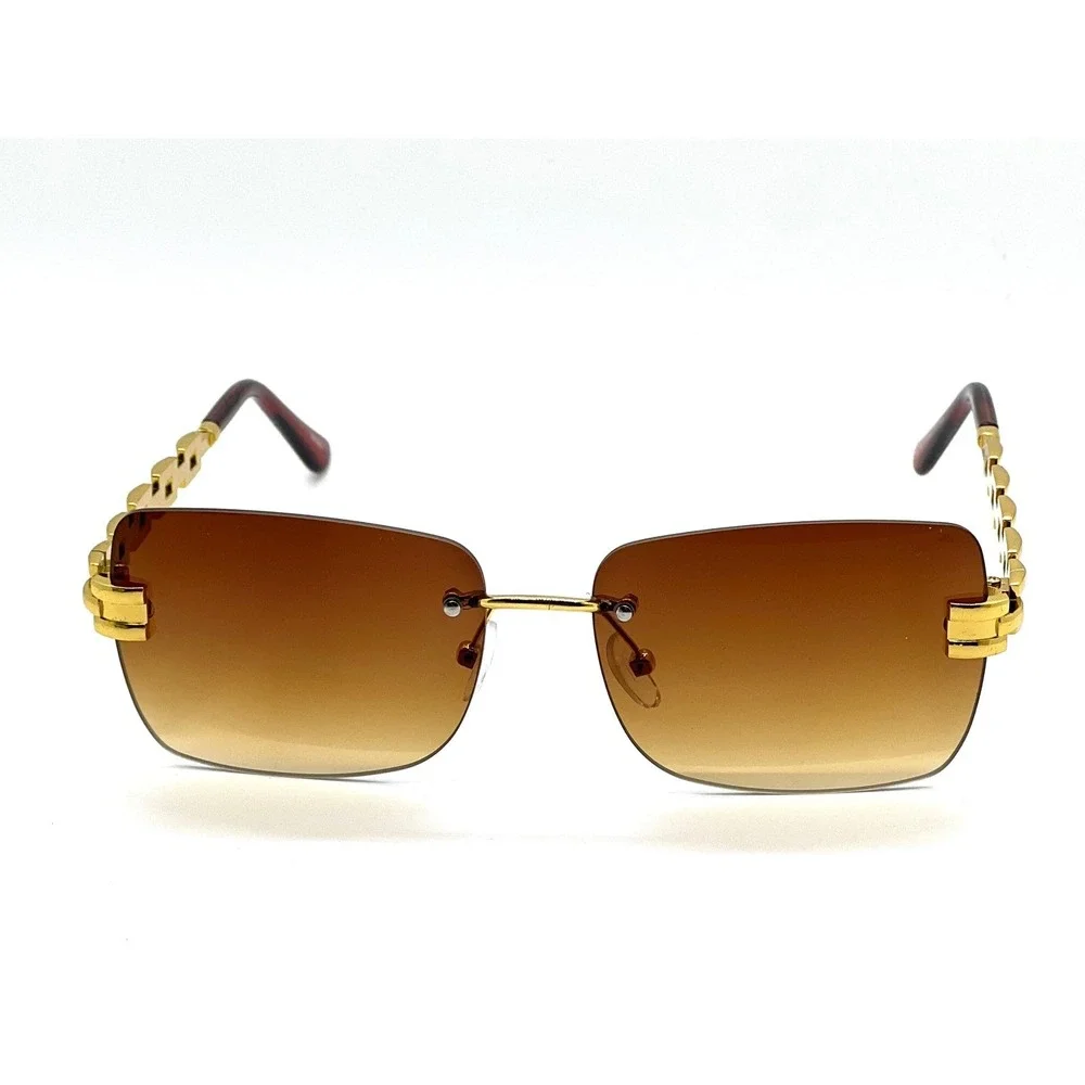 Rimless Sunglasses Gold Chain Link Arms Brown Lens Fashion Sun Glasses Women New